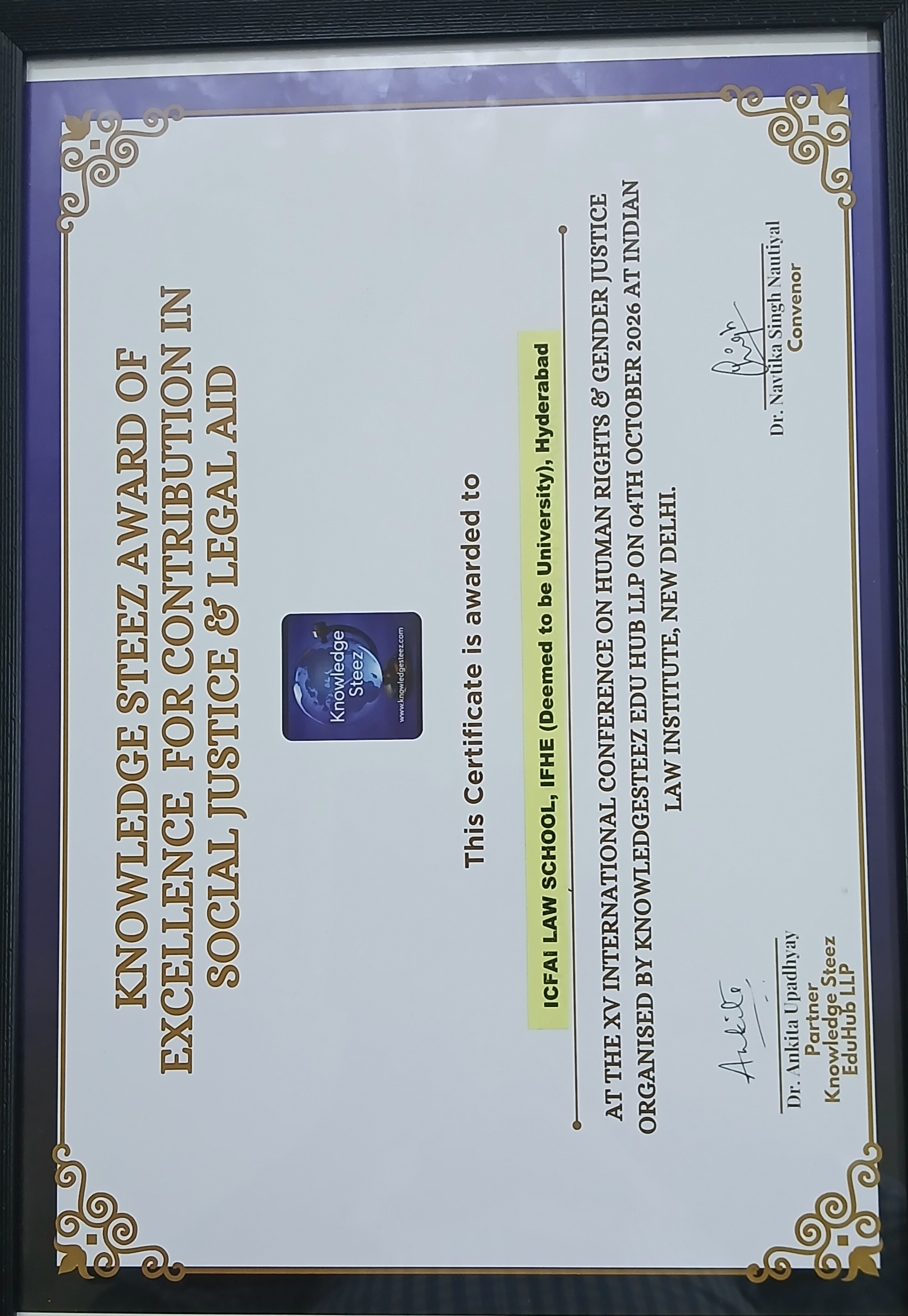 Report of the 6th Knowledge Steez Award of Excellence for contributions to social justice and legal aid on 4th October 2026 at the Indian Law Institute, New Delhi.