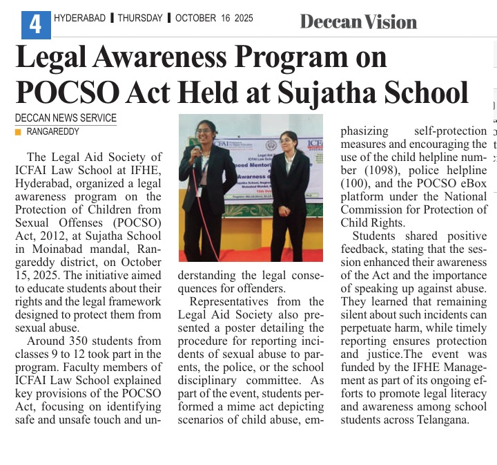 legal awareness program focused on the Protection of Children from Sexual Offenses (POCSO) Act, 2012, at Sujatha School in Moinabad mandal, Rangareddy district, on October 15, 2025.
