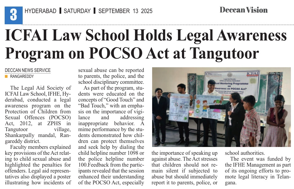Legal Aid Society of ICFAI Law School, IFHE, Hyderabad, organized a legal awareness program centered on the POCSO Act